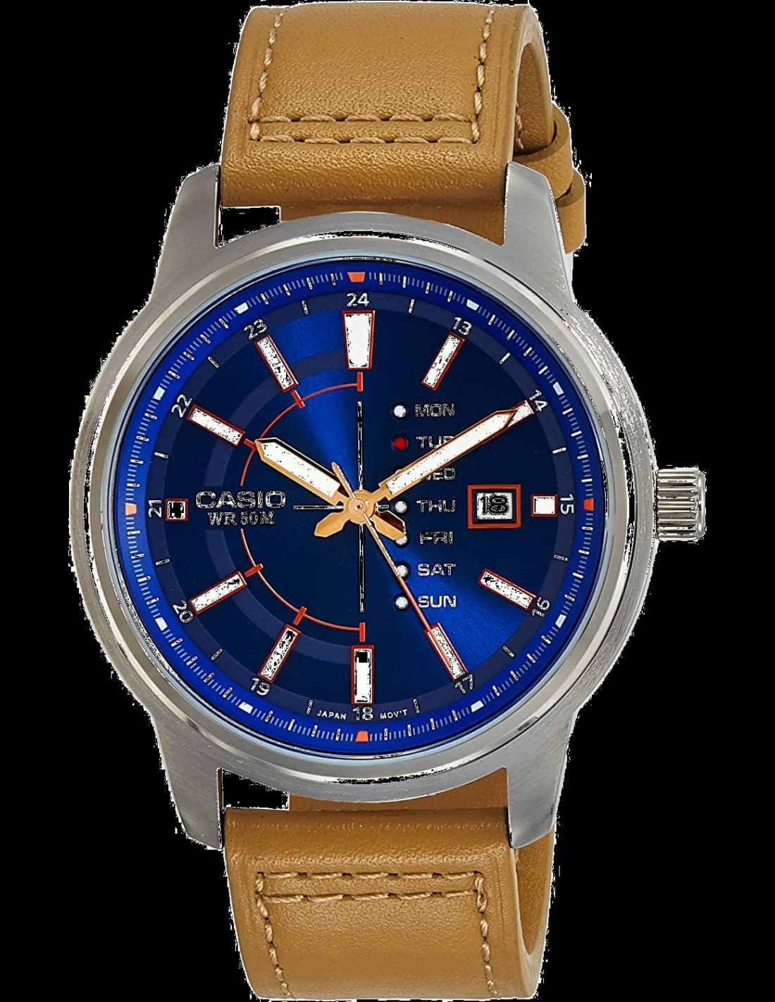 Montre Casio MTP-E128L-2A2V Cadran Bleu et Bracelet Cuir Brun