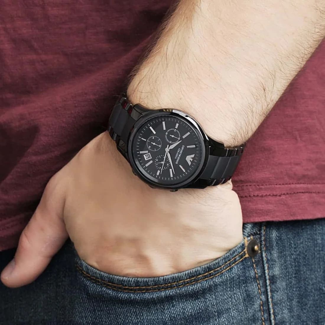 Montre Emporio Armani AR1452 Chronographe en Céramique Noire et Cuir vue 3