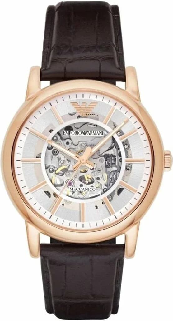 Montre Emporio Armani AR1983 Automatique à Cadran Squelette et Bracelet Cuir marron