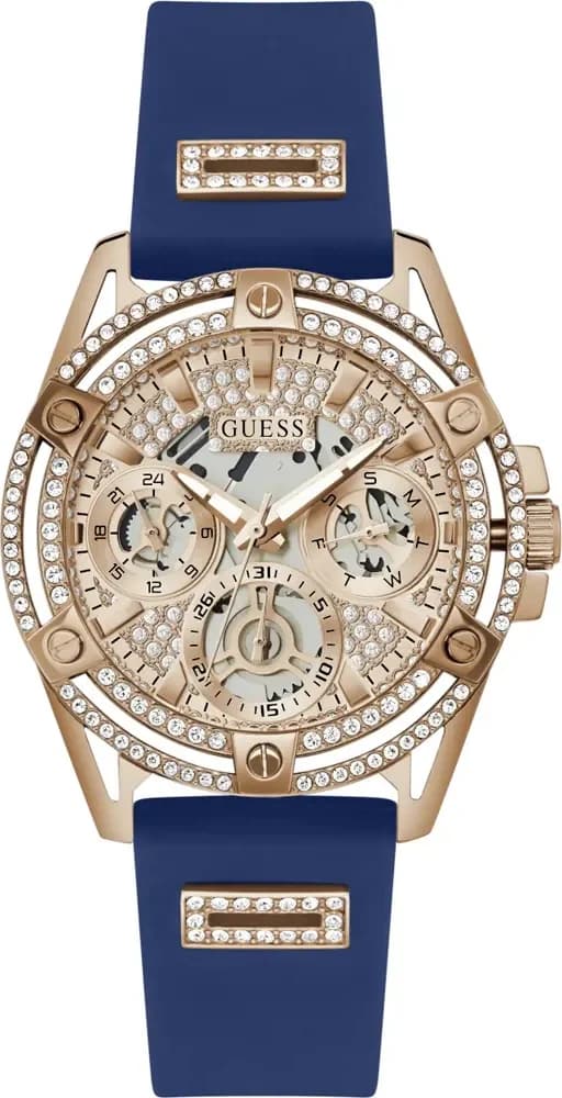 Montre Femme Guess Queen GW0536L5 bracelet silicone bleu boitier or rose orné de strass