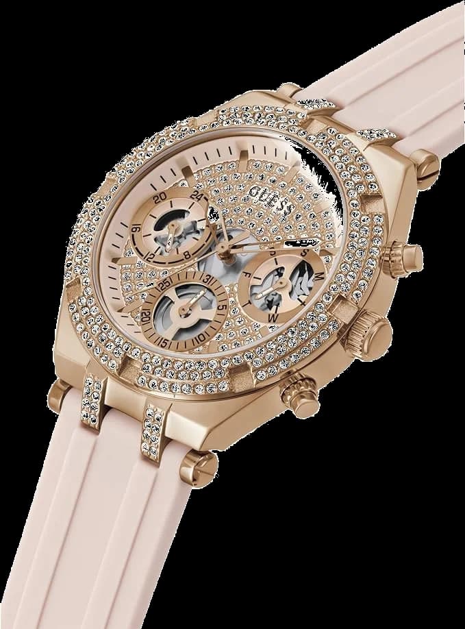 Montre Femme Guess Heiress GW0407L3 bracelet silicone rose boitier orné de strass vue 2