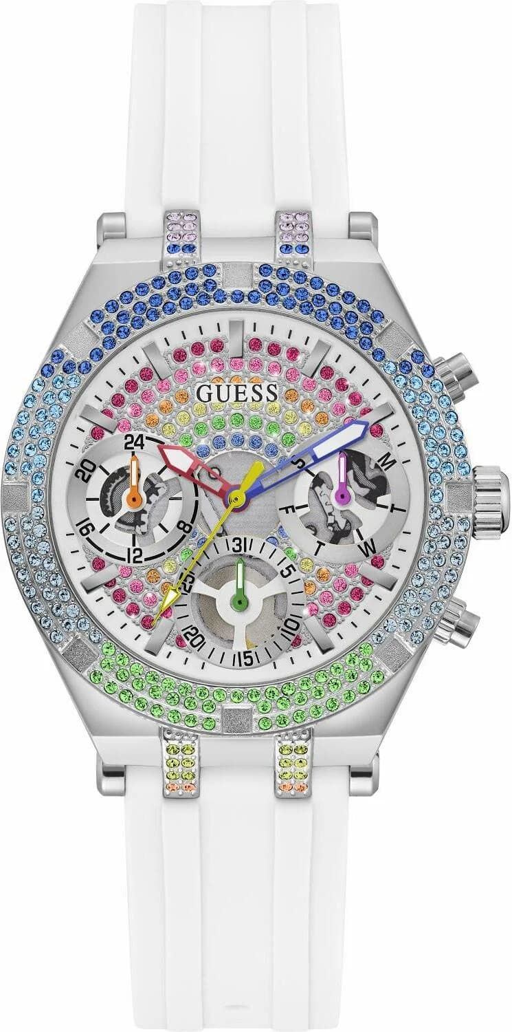 Montre Femme Guess Heiress GW0407L4 bracelet silicone blanc boitier orné de cristaux multicolores