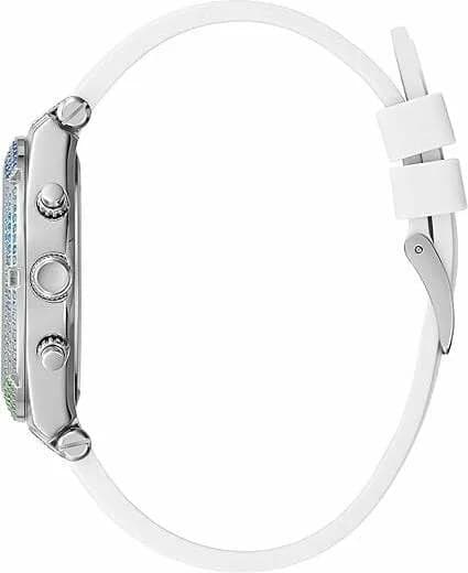 Montre Femme Guess Heiress GW0407L4 bracelet silicone blanc boitier orné de cristaux multicolores vue 2