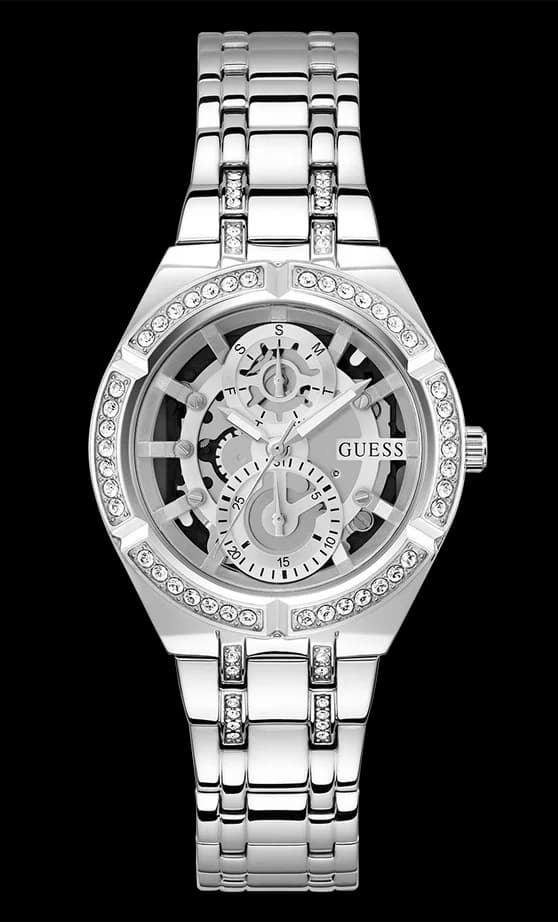 Montre Femme Guess Allara GW0604L1 bracelet acier argenté cadran squelette cristaux multifonctions