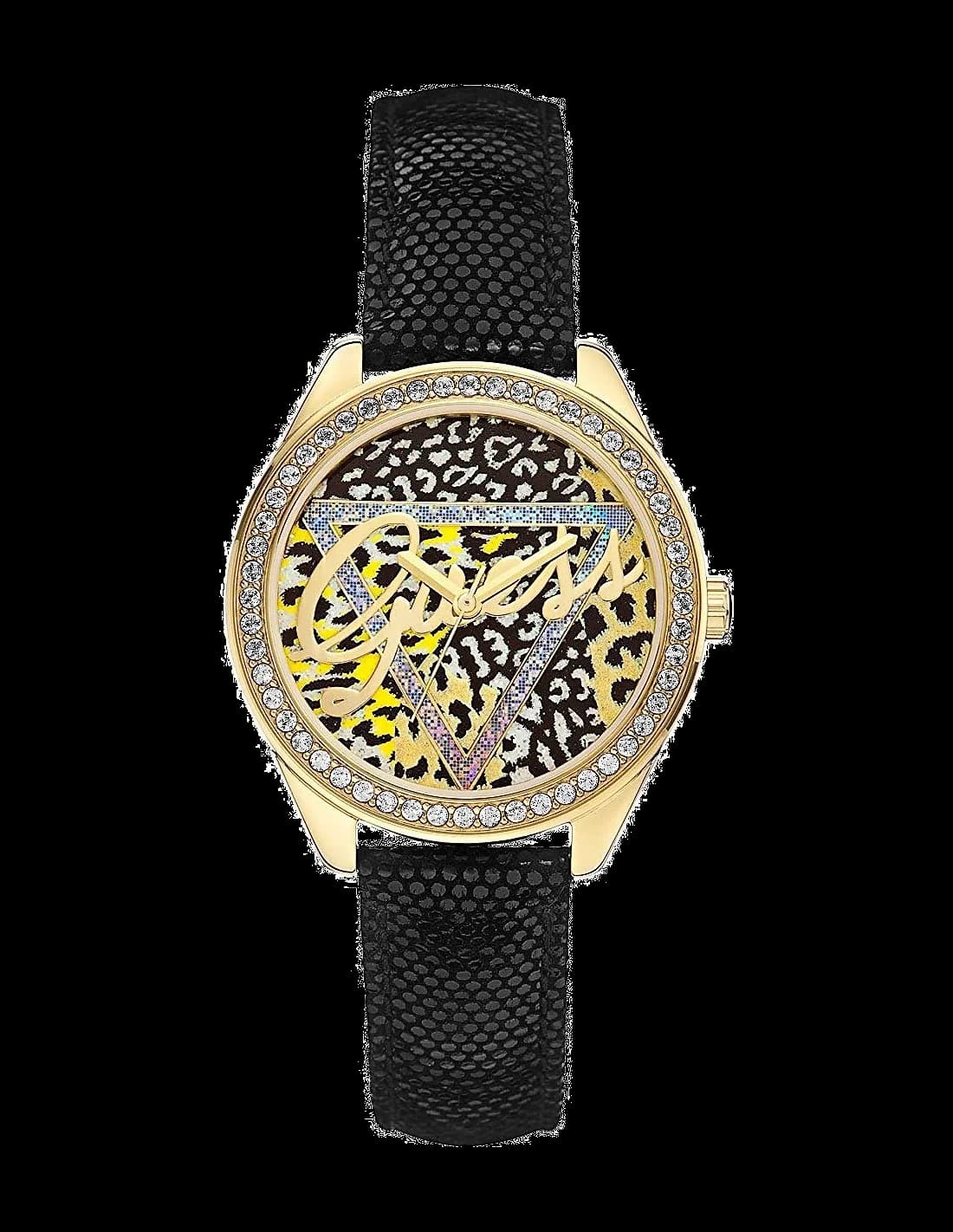Montre Femme Guess W0456L4 Cuir Noir Motif Léopard et Boîtier Doré