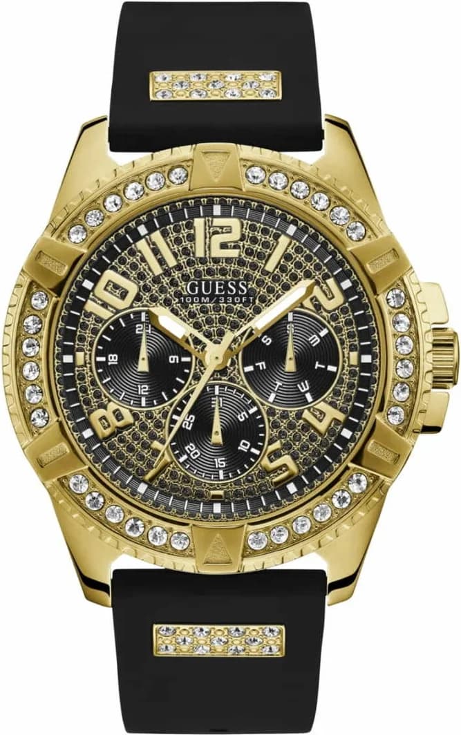 Montre Guess Frontier W1132G1 Boîtier Doré Orné de Strass et Bracelet Silicone Noir