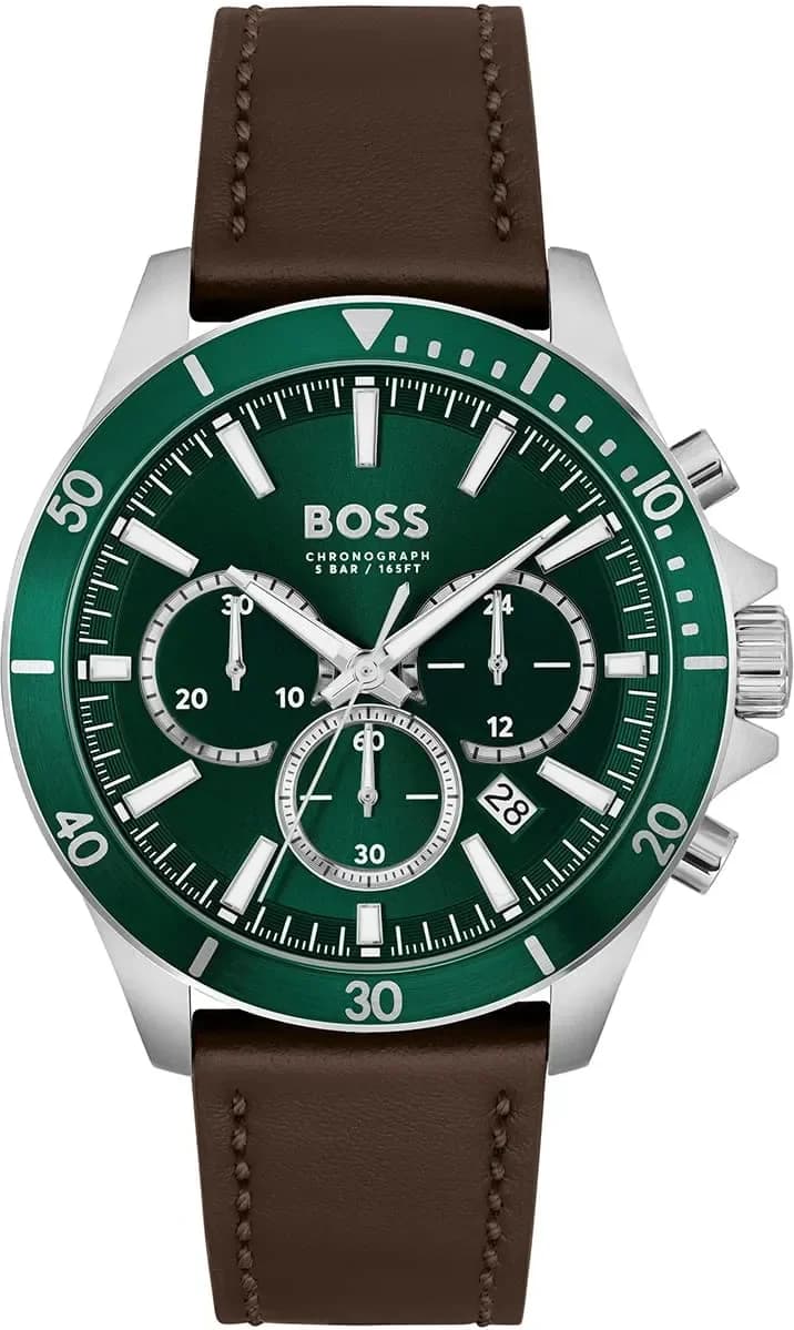 Montre Homme Hugo Boss Troper 1514098 bracelet cuir marron cadran vert multifonctions