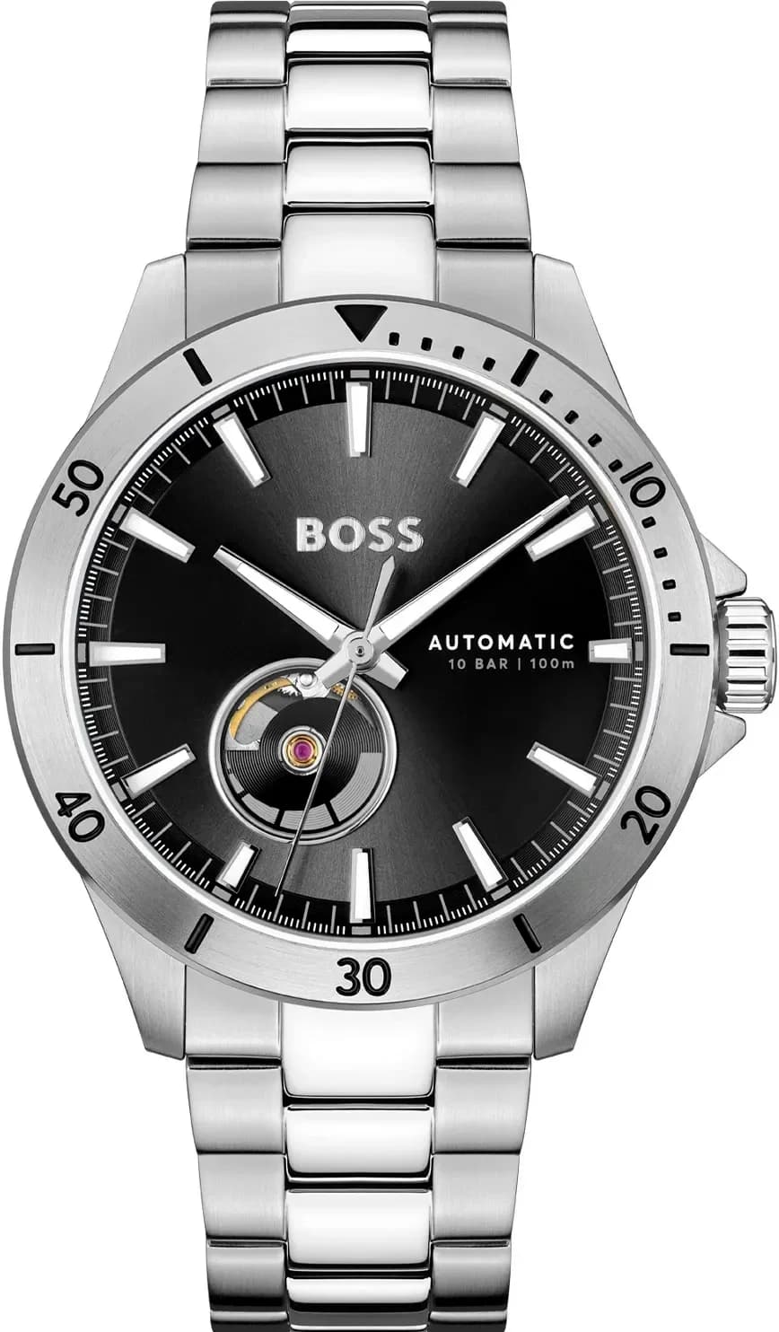 Montre Homme Hugo Boss Automatique Troper 1514202 bracelet acier argenté cadran noir