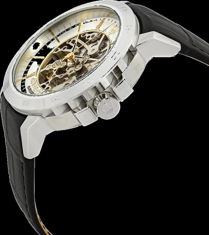 Montre Homme Maserati Ingegno R8821119002 automatique squelette cadran argenté bracelet en cuir noir vue 2