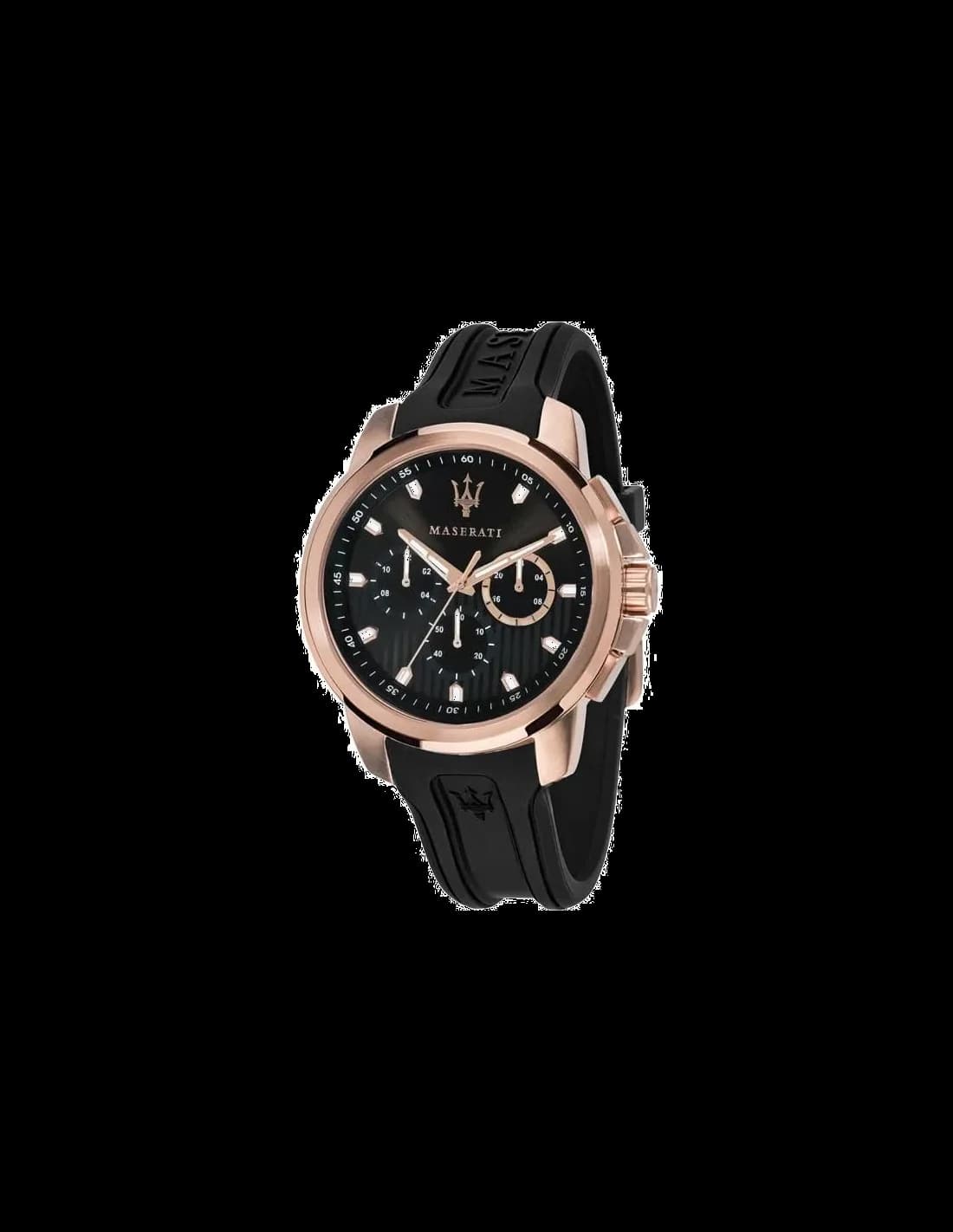 Montre Maserati R8851123008 Chronographe en Acier avec Détails Or Rose et Bracelet Silicone Noir