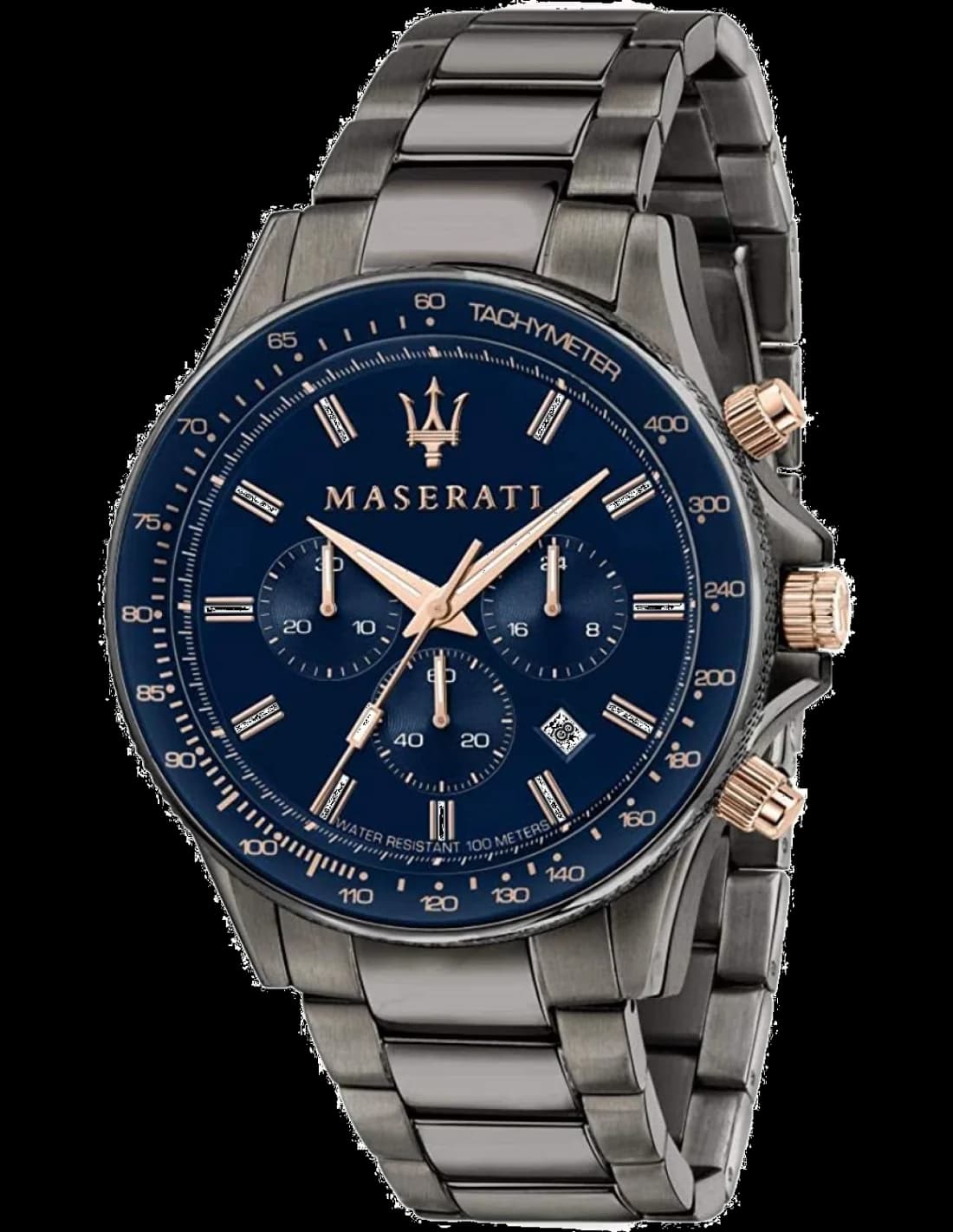 Montre Maserati Sfida R8873640001 chronomètre bleu détails or rose en acier noir