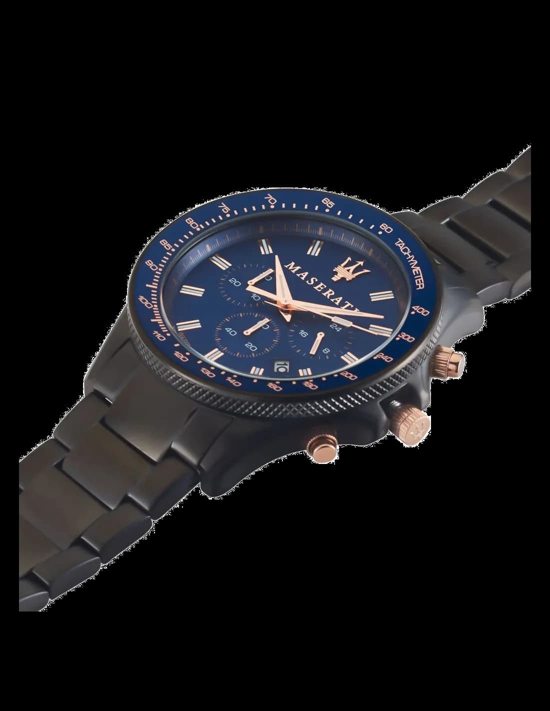 Montre Maserati Sfida R8873640001 chronomètre bleu détails or rose en acier noir vue 2