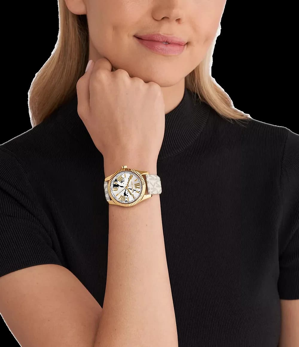 Montre Michael Kors Lexington MK4746 bracelet blanc en cuir avec logo signature MK vue 3