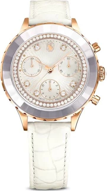 Montre Swarovski 5671150 Octea Chrono Bracelet Cuir Blanc et Cristaux