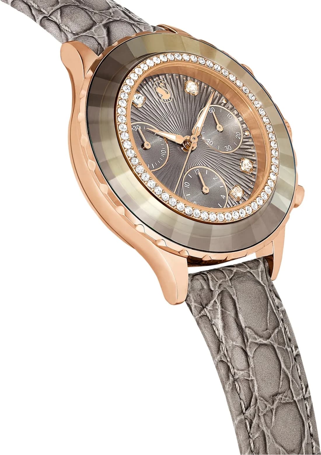 Montre Swarovski Octea Lux Chrono 5671153 bracelet cuir gris finition or rose vue 3