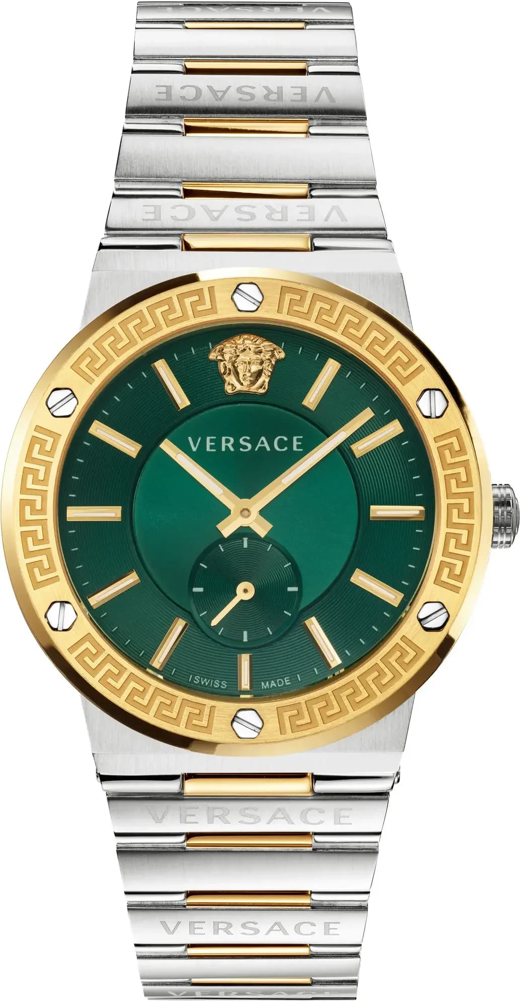 Montre Homme Versace Greca Logo VEVI00420 bracelet acier argent doré cadran vert